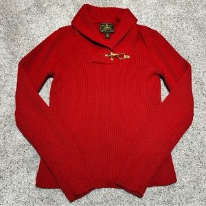 Lauren Ralph Lauren Ribbed Shawl Neck Sweater with Gold Buckle Detail - Large